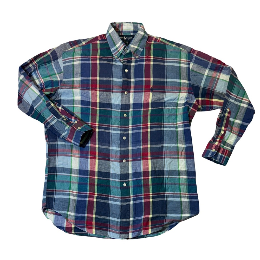 VINTAGE Polo Ralph Lauren mens M Medium blue plaid oxford button up casual shirt